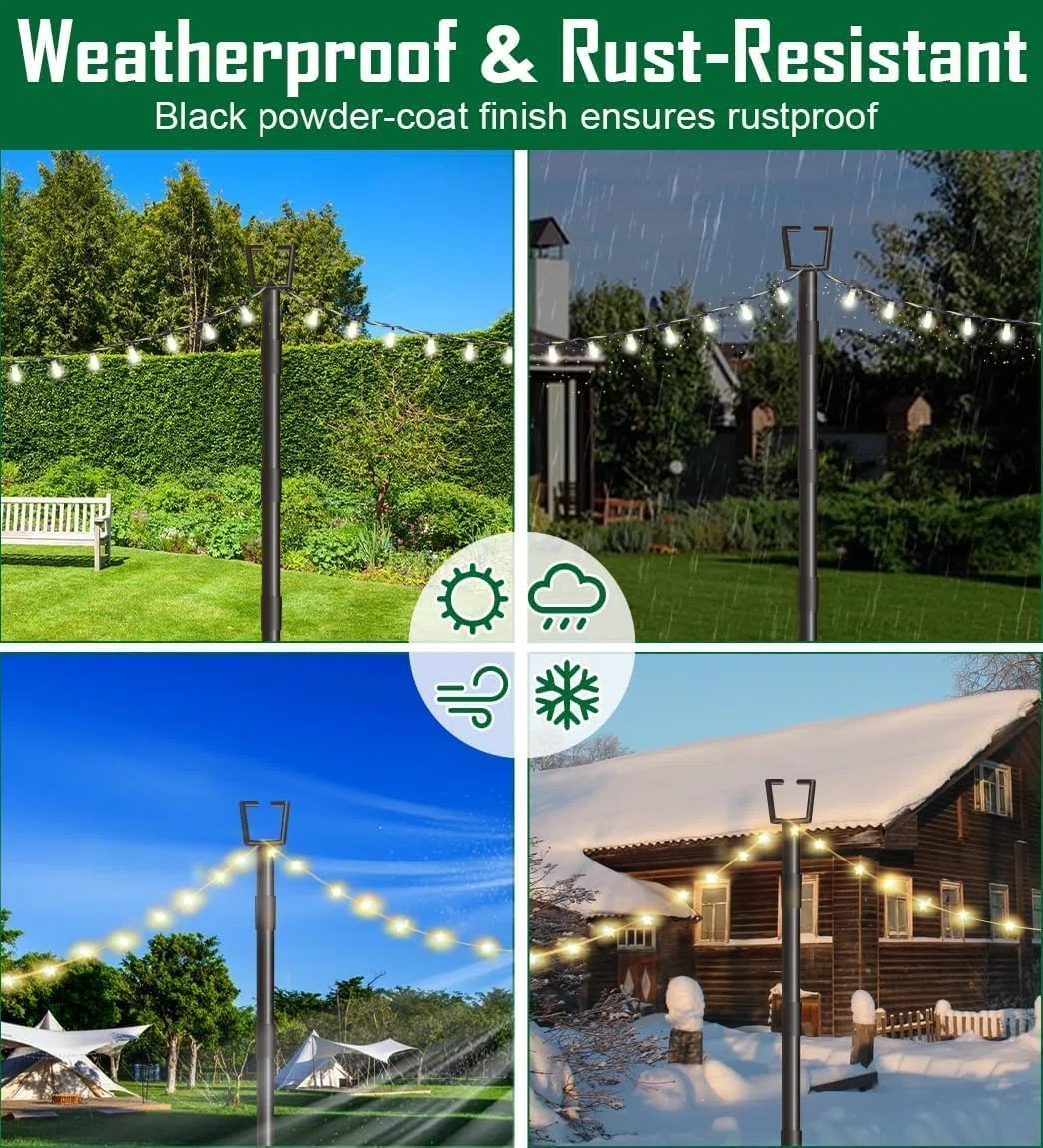 HoldOneLight String Light Pole para cubierta de 10 ft/3 m Outdoor String Light Poles - Altura ajustable, metal inoxidable, resistente para patio, patio trasero, jardín y fiesta (1 paquete)
