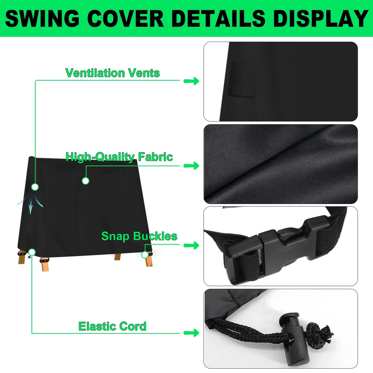 Cubierta de Columpio en Forma de A, Funda para Columpio de Porche Oxford 600D, Impermeable, Resistente al Viento y a los Rayos UV, con asa Fluorescente, Negro (215 * 143 * 174CM)