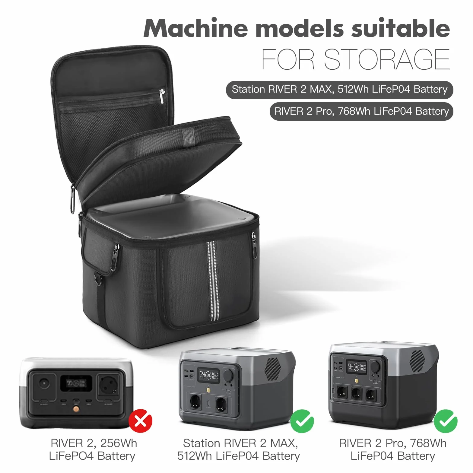 Funda de transporte compatible con ECOFLOW River 2 MAX/River 2 PRO estación de energía portátil, bolsa de almacenamiento con cremallera lateral, bolsillos de dos capas para cable de carga y