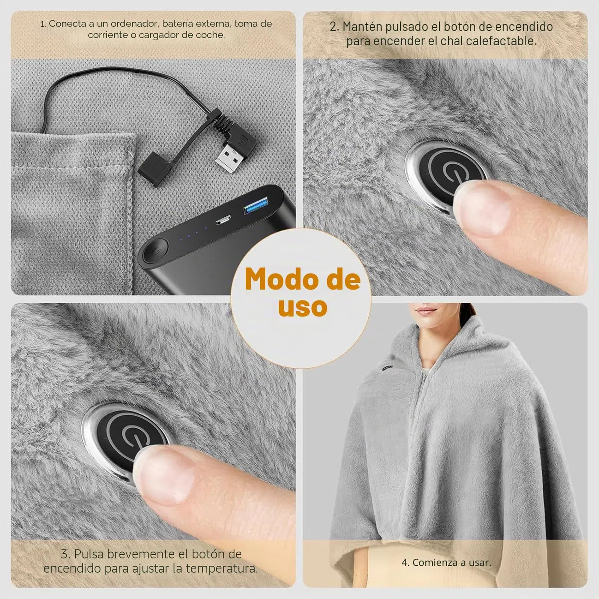 Manta Térmica Wearable | USB, Portátil, Lavable | 3 Temperaturas | Ideal para Senderismo, Coche, Trabajo | Funciona con Power Bank, Batería Externa o Enchufe