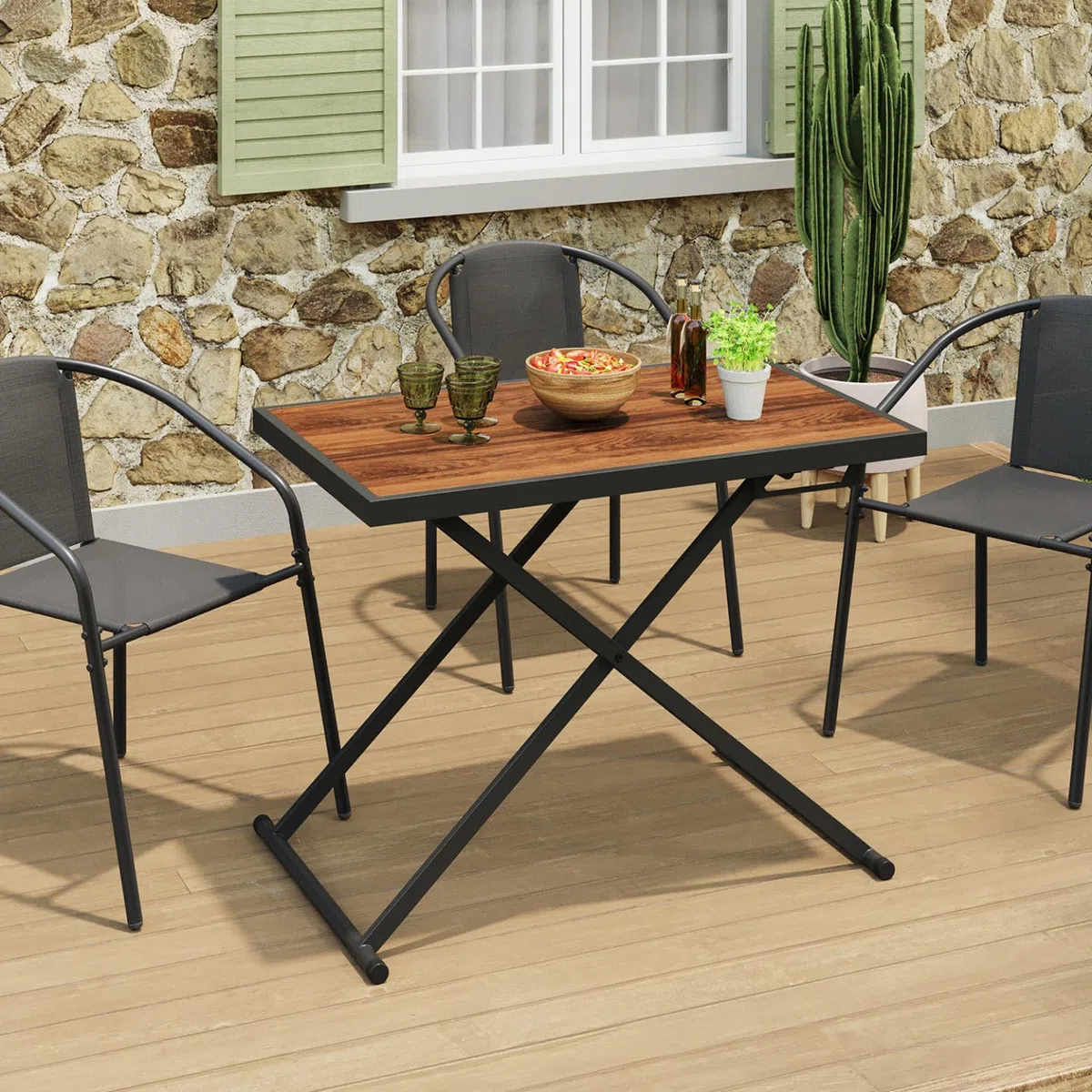 IDMarket – Mesa de jardín con altura ajustable 3 posiciones Olie 100 cm de metal negro y tablero de madera
