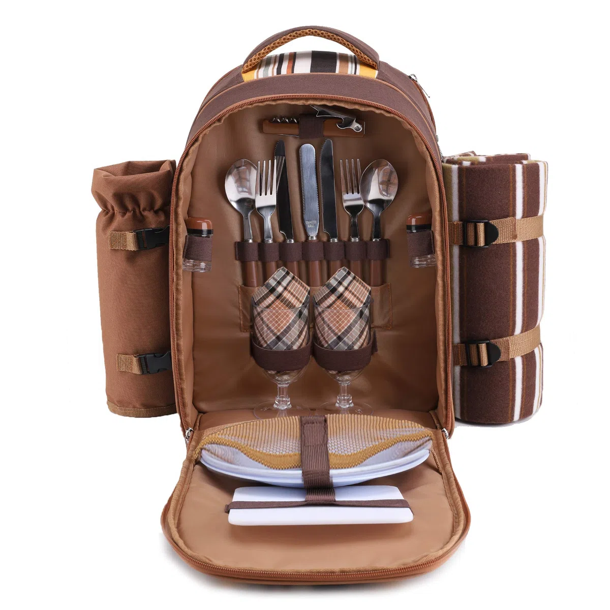 APOLLO WALKER Mochila Picnic, Juego de Picnic Set 4 Personas (Vajilla y Manta), Nevera Playa Mochila, Bolsas Mochilas Termicas para Acampar, Playa y Senderismo（Café - Dos Personas）