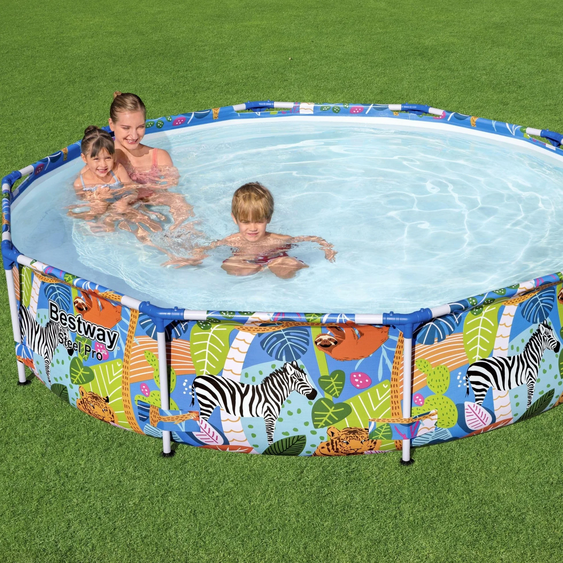 BESTWAY - Piscina Desmontable Tubular Infantil Steel Pro 305x66 cm Tritech Reforzado con Marco de Acero Diseño Animales de Colores Capacidad 4.062 Litros