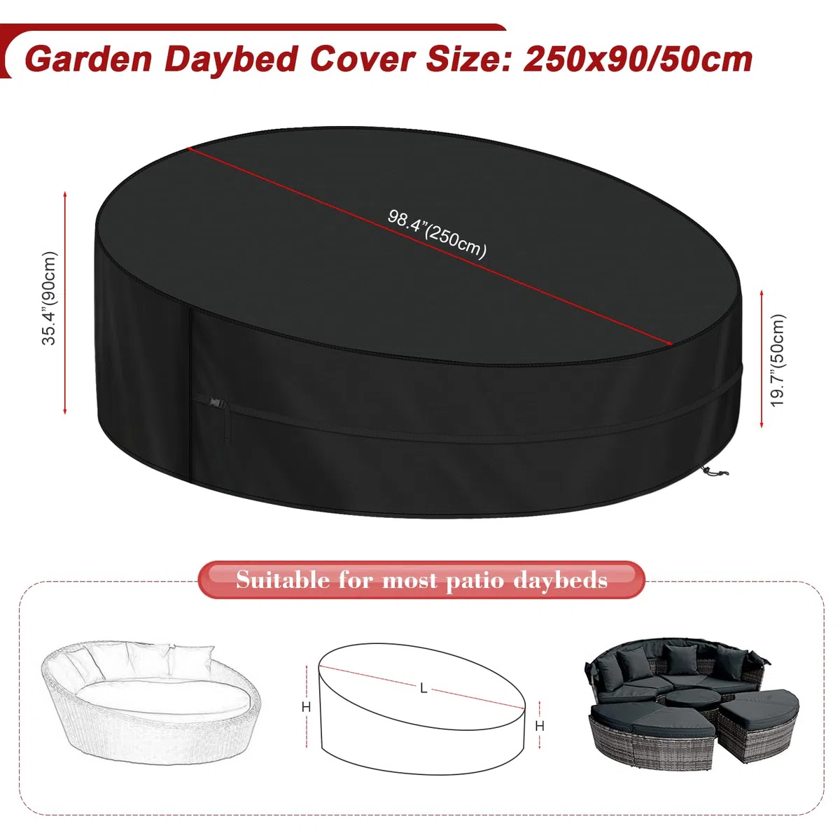 LAMUNI Funda Cama Jardin Impermeable 250x90/50cm Funda de Cama Redonda Cubierta Sofa Cama Exterior 420D Tela Oxford Funda Sofá Cama de Exterior Funda Protectora para Isla de Sol