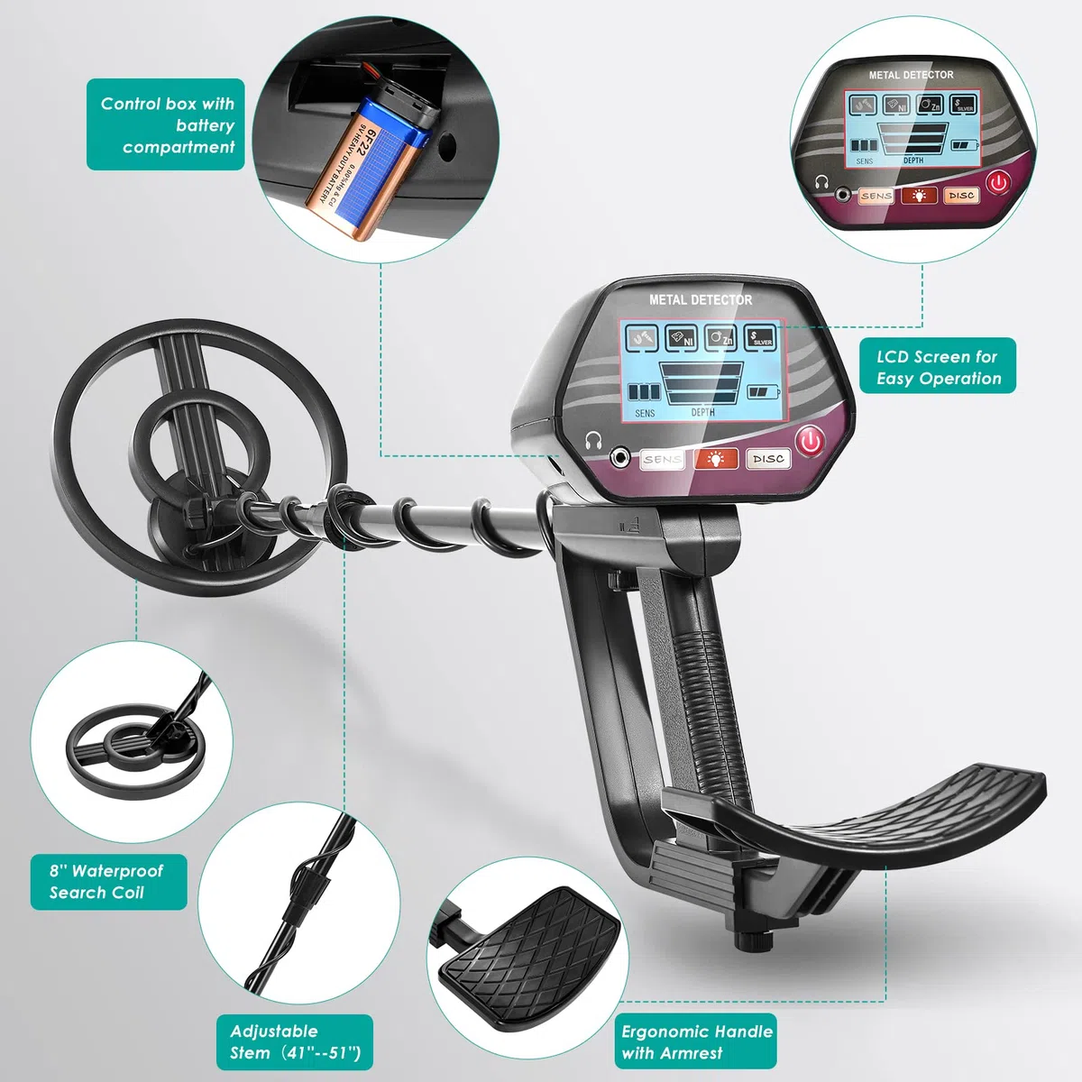 Detector de Metales con 2 Baterías, Ajustable Longitud de 84-110 cm, Detector de Metales Impermeable de Alta precisión con Pantalla LCD para niños y Adultos