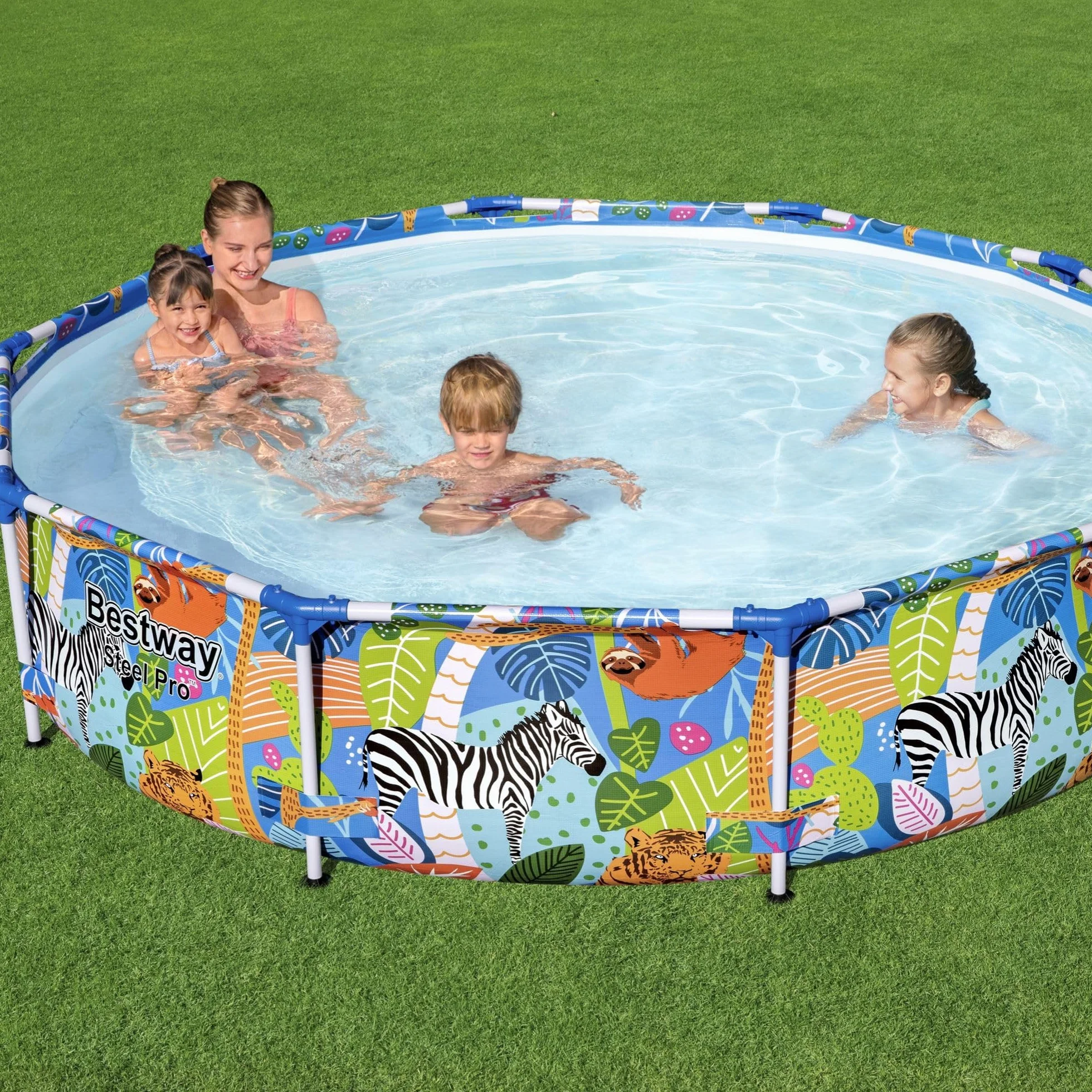 BESTWAY - Piscina Desmontable Tubular Infantil Steel Pro 305x66 cm Tritech Reforzado con Marco de Acero Diseño Animales de Colores Capacidad 4.062 Litros