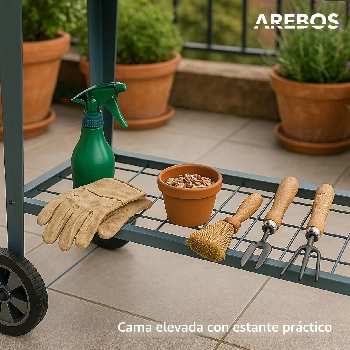 Arebos Banco Elevado con Ruedas y Estante 108 x 51 x 80 cm | Ideal para Cultivo de Verduras, Frutas y Hierbas Aromáticas | Invernadero, Jardinera para Jardín, Terraza o Balcón