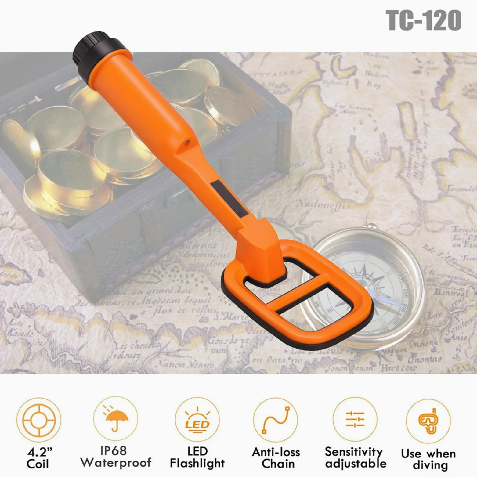 Detector de Metales Pinpointer Coil Waterproof, Buscador de Monedas Subacuático de 9,84 Pies, Ip68 Localizador de Tesoros, Buscador de Oro con Luz Led, para Buceo, Lecho Marino Y Lagos (Naranja)