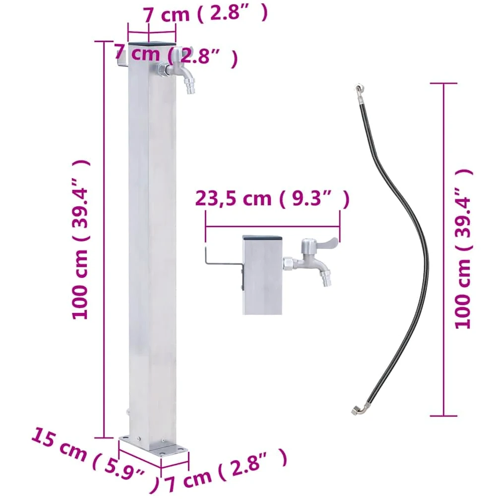 vidaXL Fuente de Agua, Grifo con Soporte Manguera, Columna de Agua, Fuente de Pie para Jardín Patio, Acero Inoxidable Cuadrada 100 cm