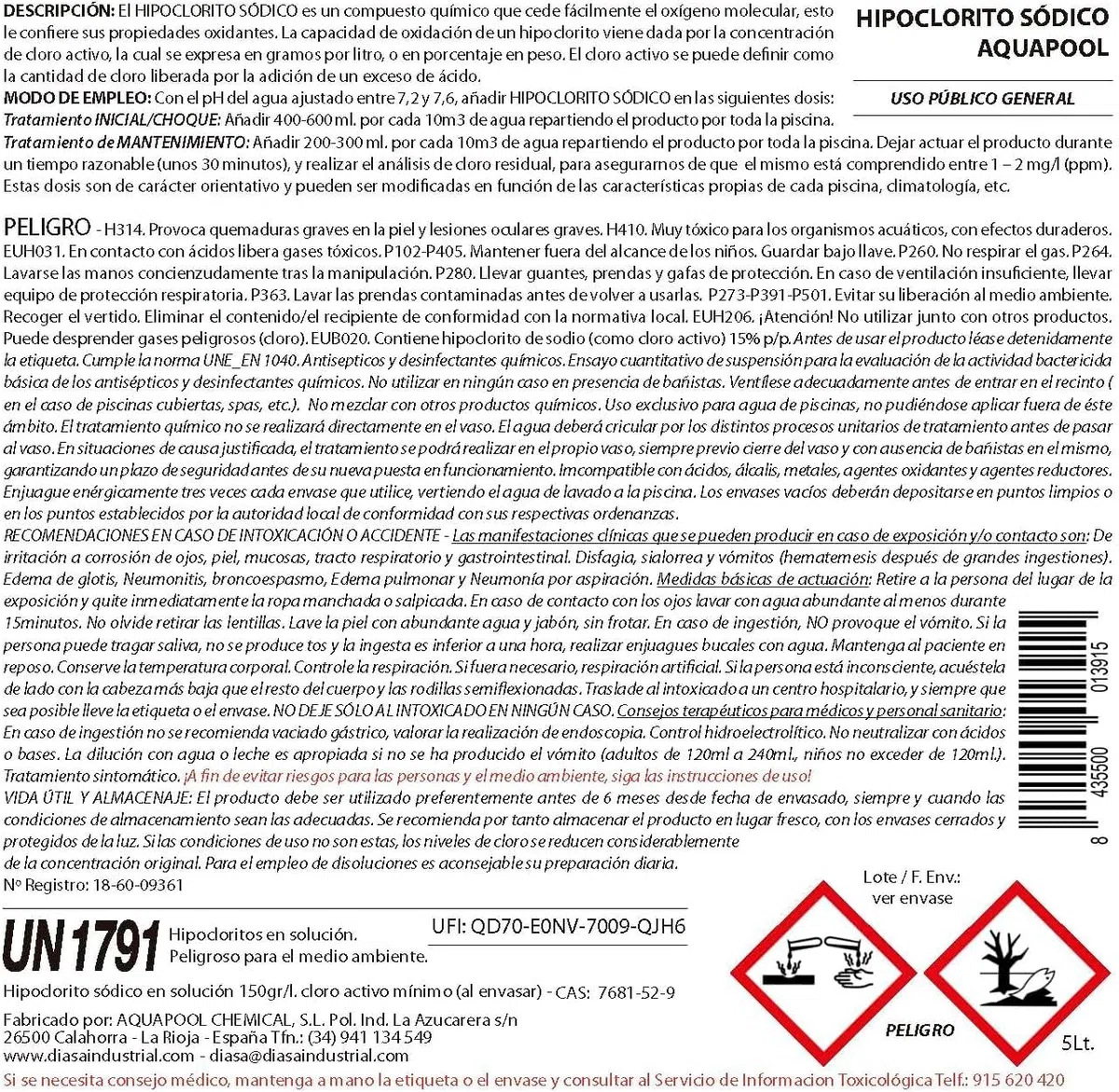 Hipoclorito sódico 15%, Cloro Choque Líquido Clarificante Ion Pure 20 litros - Cloro Acción rápida - Súperclarificante - Recuperador Aguas difíciles - Apto Liner