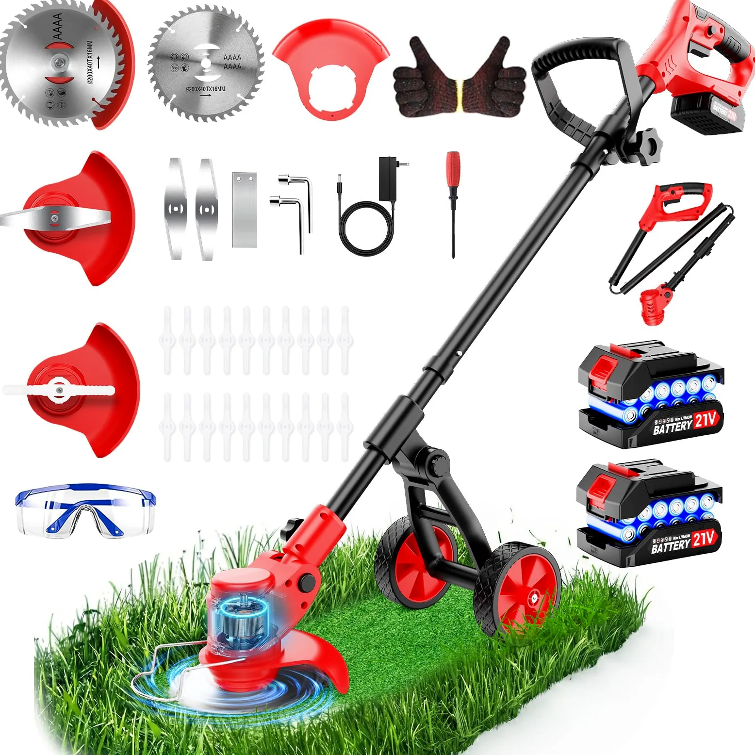 Desbrozadora Bateria con Ruedas,Desbrozadora Electrica con 2 * 2.0 Ah Baterías y Cargador,Cabezal Ajustable 90°,Cortadora de Césped con 4 Tipos de Cuchillas para Recortar Césped y Arbustos
