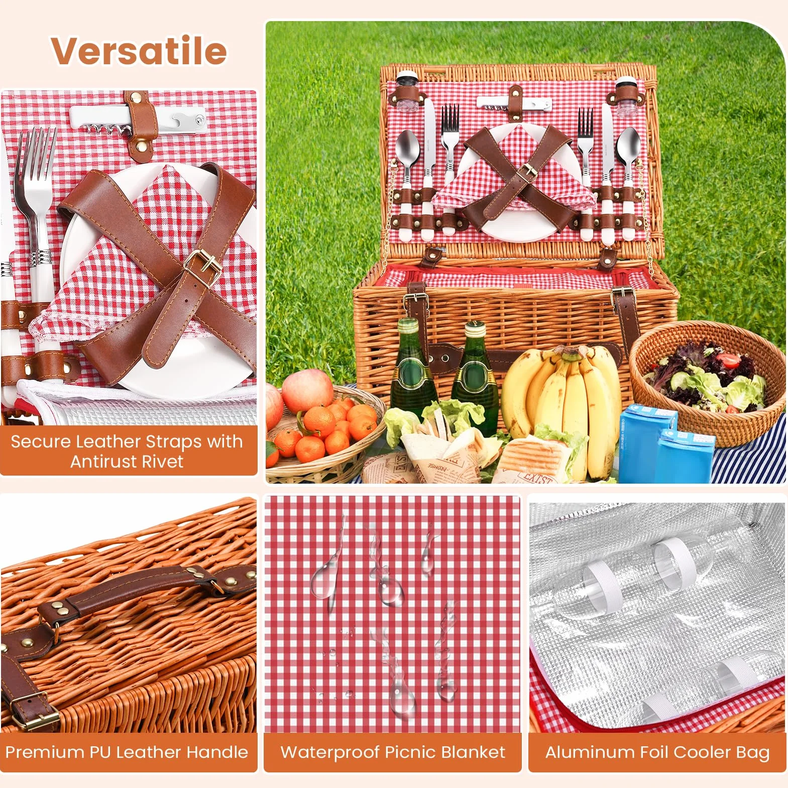 Cesta Picnic 4 Personas, Set de Picnic de Mimbre con Bolsa Aislante, Manta de Picnic Impermeable y Juego de Cubiertos, Cesta de Picnic para Camping, Rosa