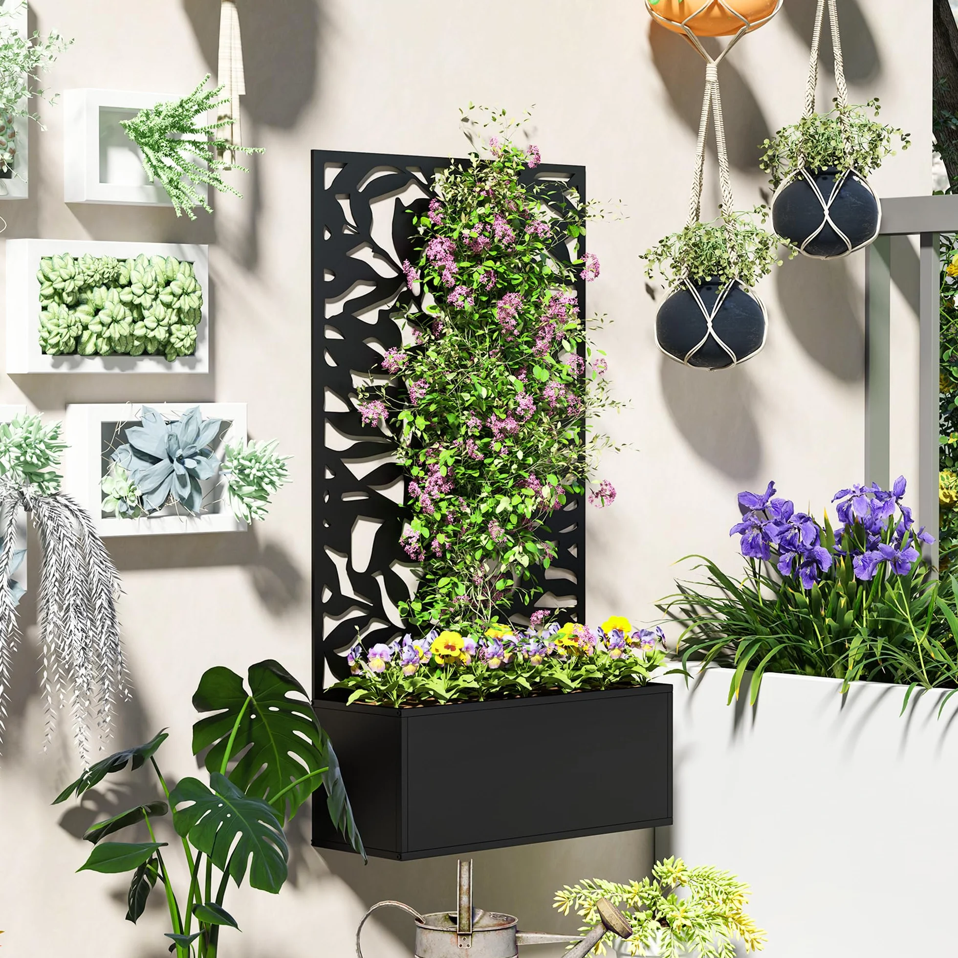 Outsunny Jardinera Exterior Grande de Metal Jardinera con Pantalla de Privacidad de Hojas Sólidas Decorativas Jardinera de Pared o Independiente para Patio Terraza 61x23x113 cm Negro