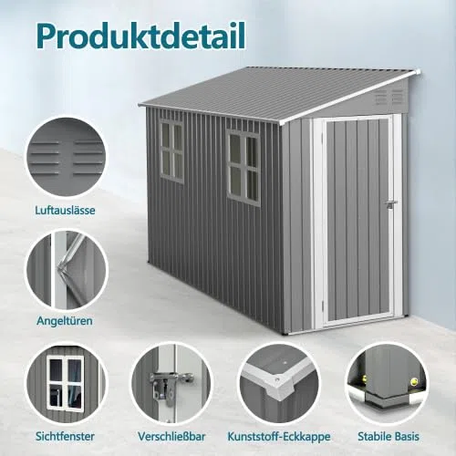 Cobertizo de metal de 4 x 10 pies con kit de suelo, cobertizo de jardín resistente con techo reprimido, puerta doble (se puede montar a la izquierda/derecha), 2 ventanas y ventilación, cobertizo