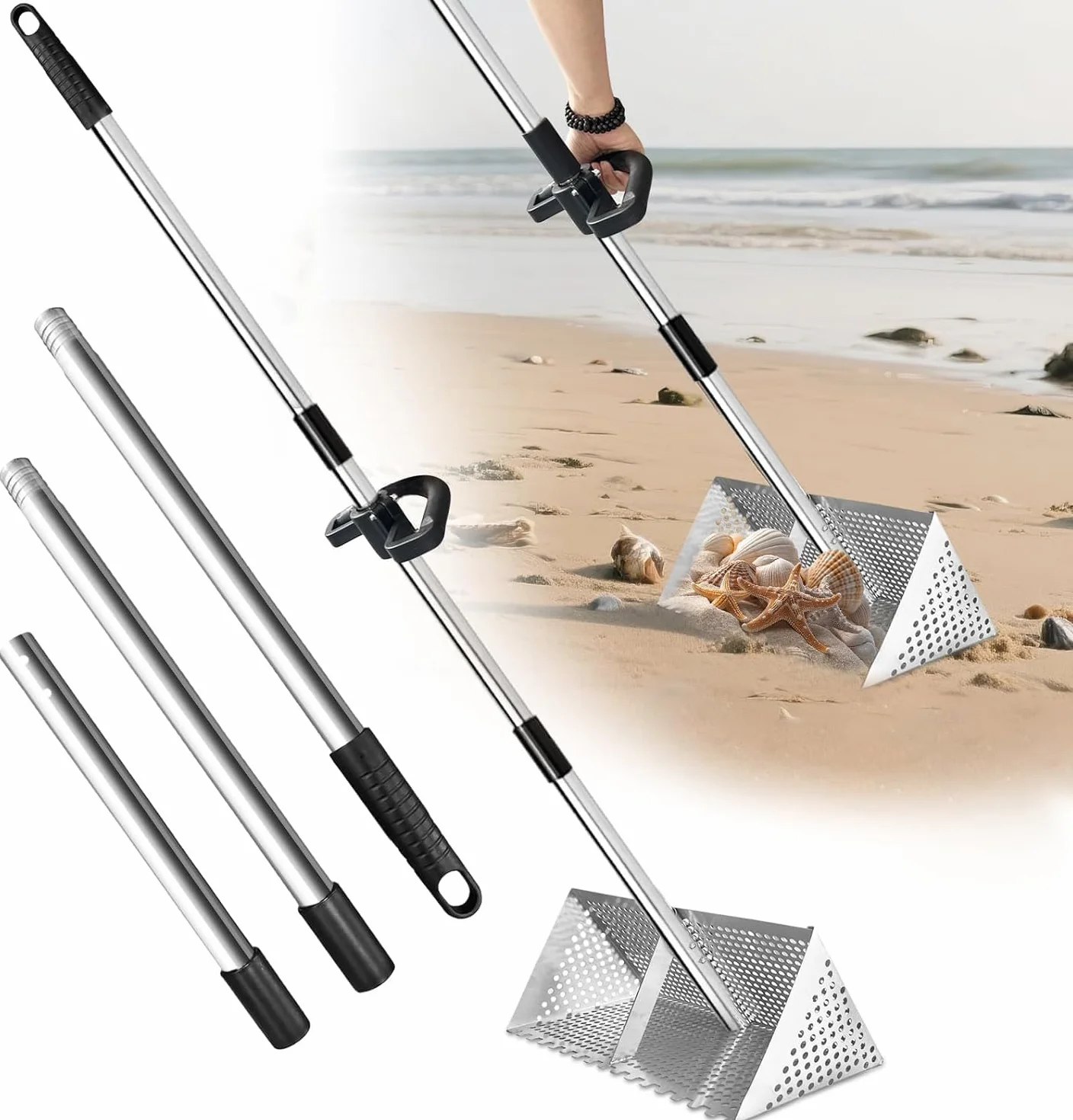 Rastrillo de Arena de Acero Inoxidable, Tamiz para Arena con Mango Desmontable de 140 cm de Largo, con Mango Antideslizante para la Playa