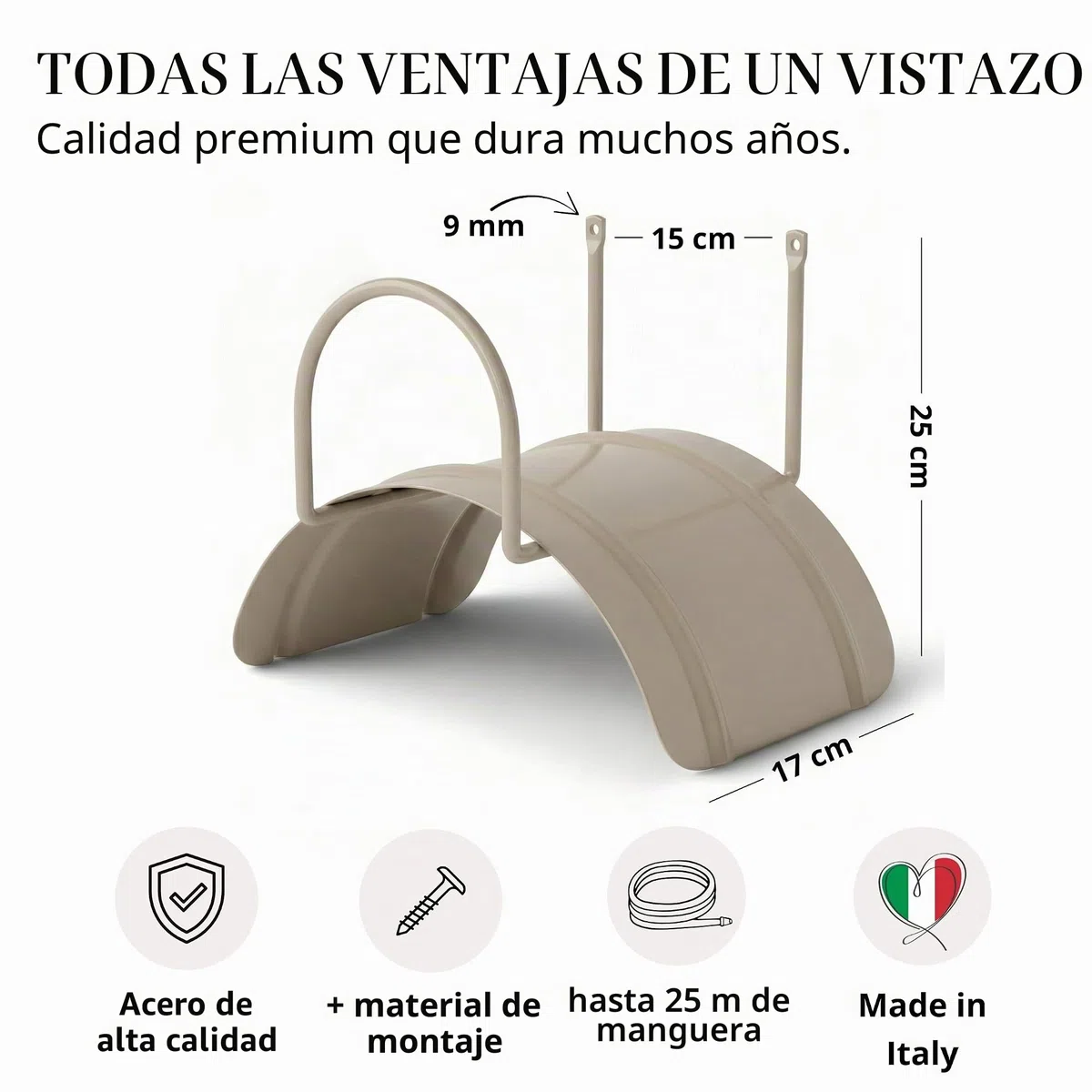 Soporte para manguera de jardín fabricado en Italia, de acero pulverizado, apto para manguera de hasta 25 m, soporte de pared con tornillos y tacos, arena