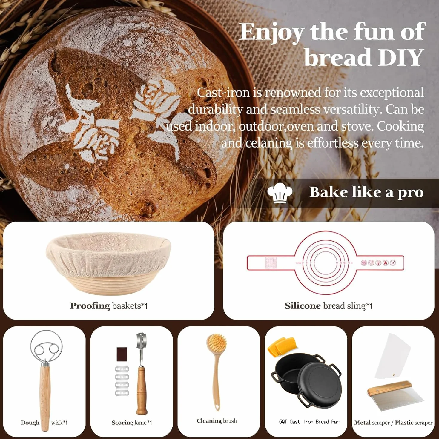 Olla de horno holandés de hierro fundido de 5QT (Kit de inicio para masa madre con cesta de fermentación, cuchilla y tapa - Ideal para hornear pan) (Cocina familiar, freír, guisar y barbacoa)