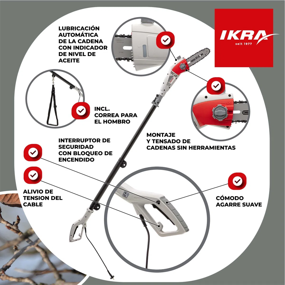 IKRA podadora de altura sierra telescópica eléctrica IEAS 750, alcance 4m, incl. correa de hombro, lima & escudo protector