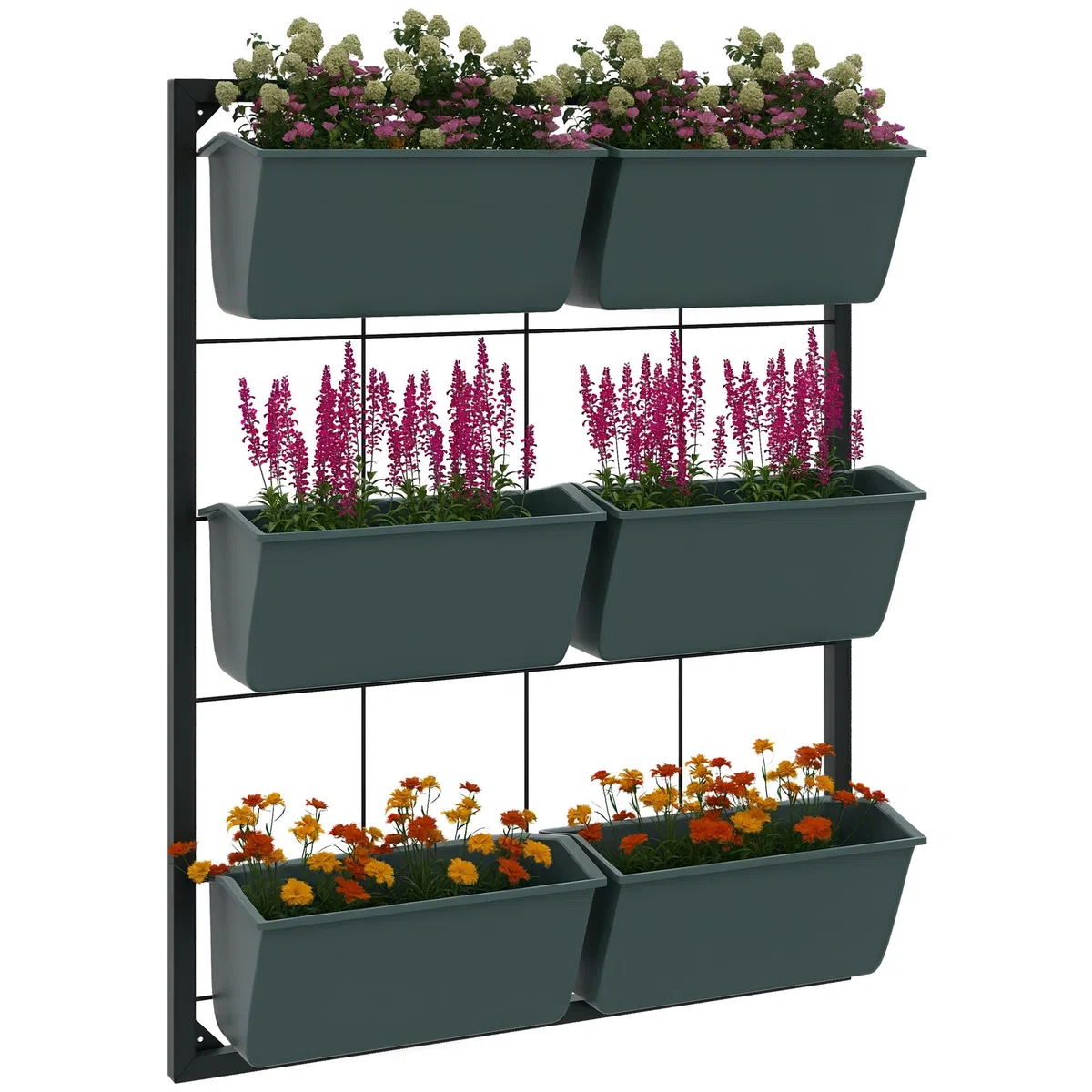 Outsunny Jardinera de Pared de 3 Niveles con 6 Macetas, Huerto Vertical de Acero y Plástico para Flores y Hierbas, Verde Oscuro