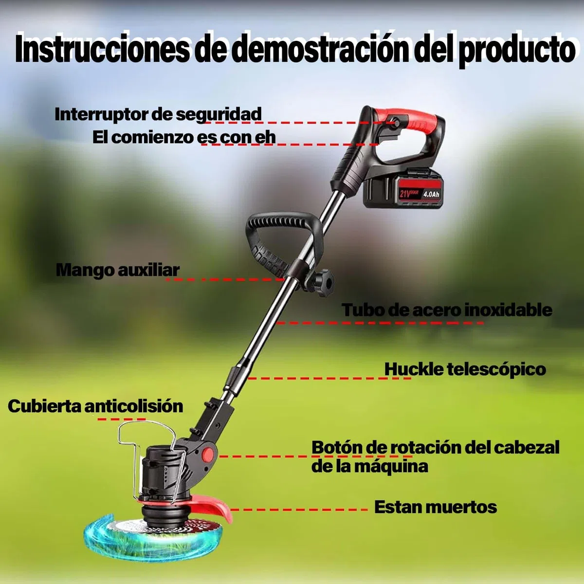 Desbrozadora Batería, Desbrozadora Electrica, Batería 21V, (2 baterías de 4,0 A y Cargador rápido), Podadora Electrica Bateria/Mini Desbrozadora, Corte de 40 Minutos, Carga