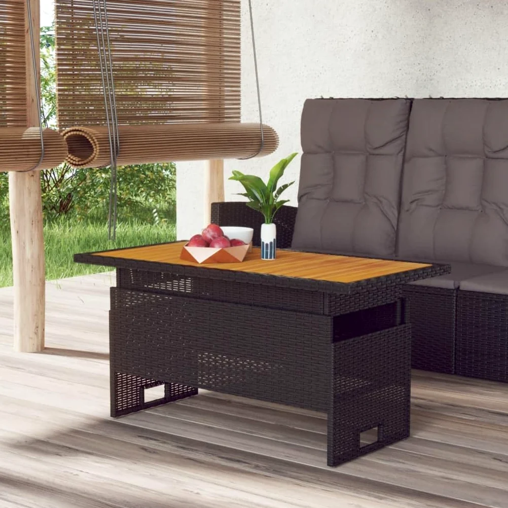 vidaXL Mesa jardín Negra 100x50x43/63 cm Madera Maciza Acacia y ratán, Mesa de Exterior, Muebles de jardín, Muebles de Patio, Mesa de Patio