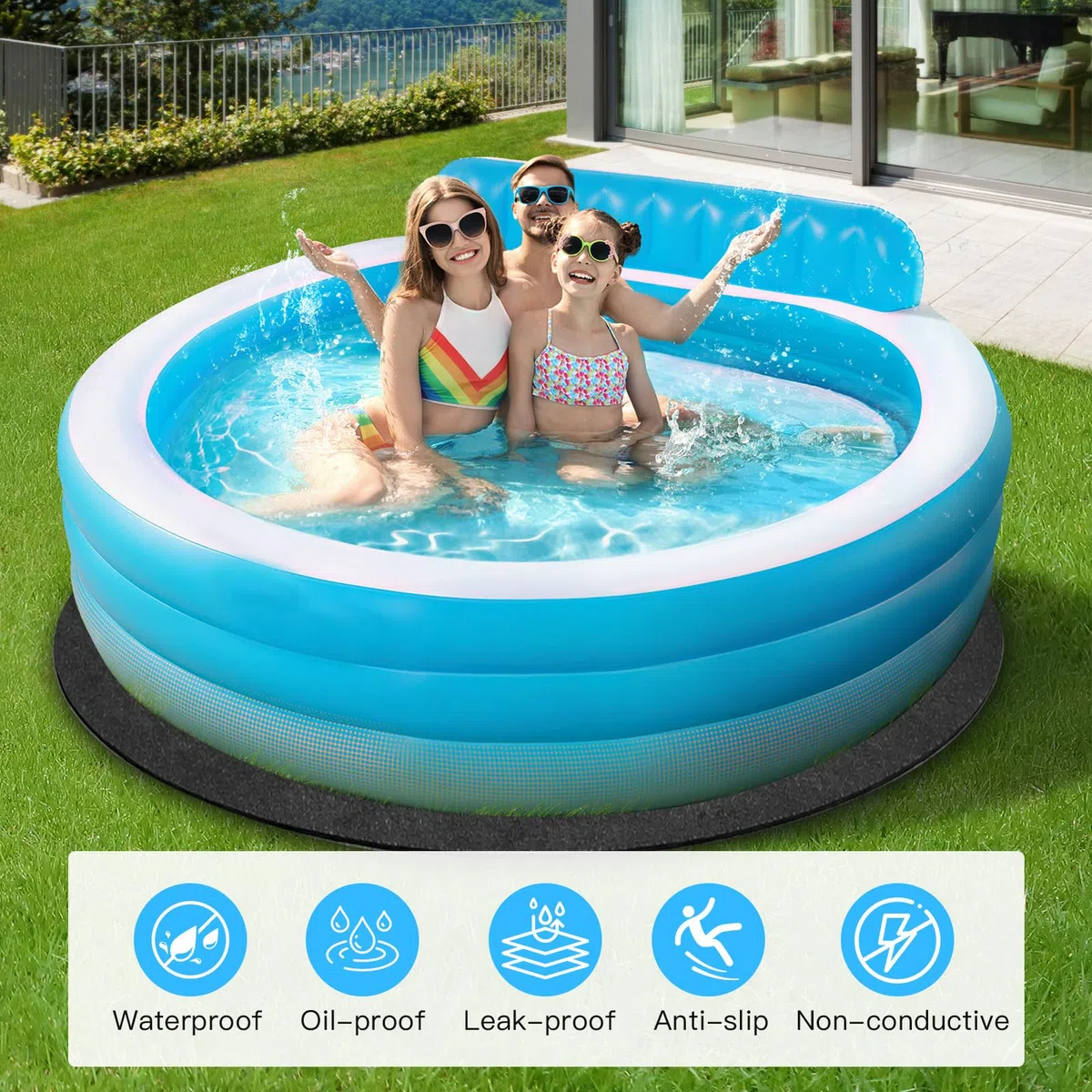 Base redonda para piscina de 370 cm – Base antideslizante para piscina al aire libre, protección del suelo para piscinas y jacuzzis, plegable, resistente, protección para la cubierta de