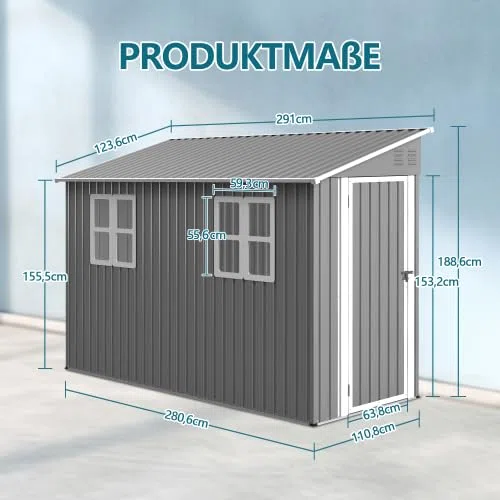 Cobertizo de metal de 4 x 10 pies con kit de suelo, cobertizo de jardín resistente con techo reprimido, puerta doble (se puede montar a la izquierda/derecha), 2 ventanas y ventilación, cobertizo