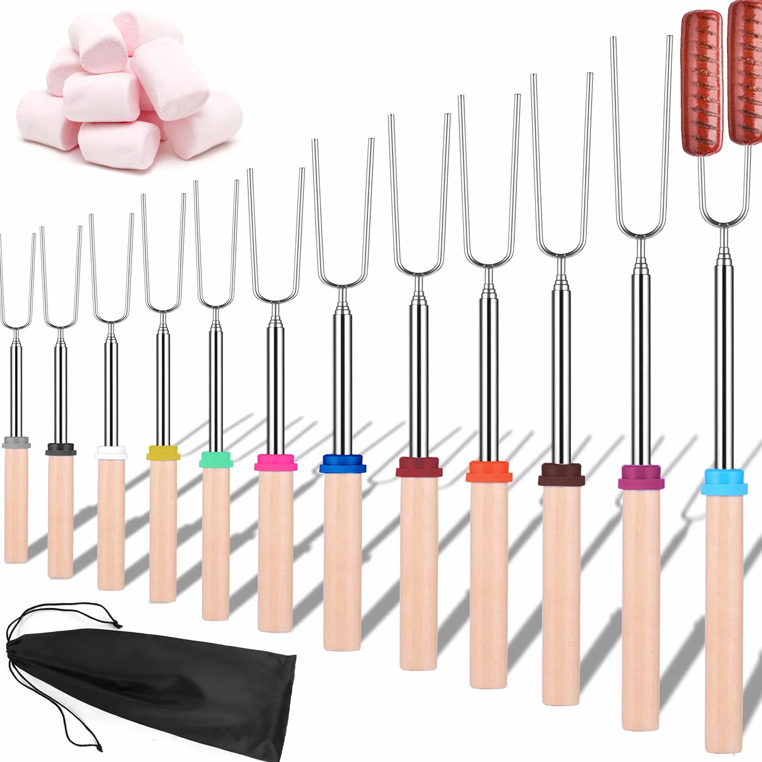 12pcs Pinchos de Barbacoa de Acero Inoxidable, Tenedore para Barbacoa Extensible 30,5-81cm, Brochetas de Barbacoa Malvavisco para Fogatas Hot Dog Parrilla (con Bolsa de Lona)