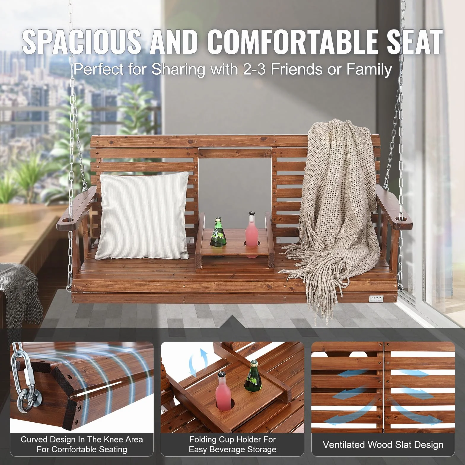 VEVOR Columpio de Madera para Porche 152x71x60cm, Columpio de Banco para Patio y Jardín, Capacidad de Carga Fuerte Mejorada de 880 Libras, Banco de Silla con Cadenas Colgantes para Exteriores, Marrón