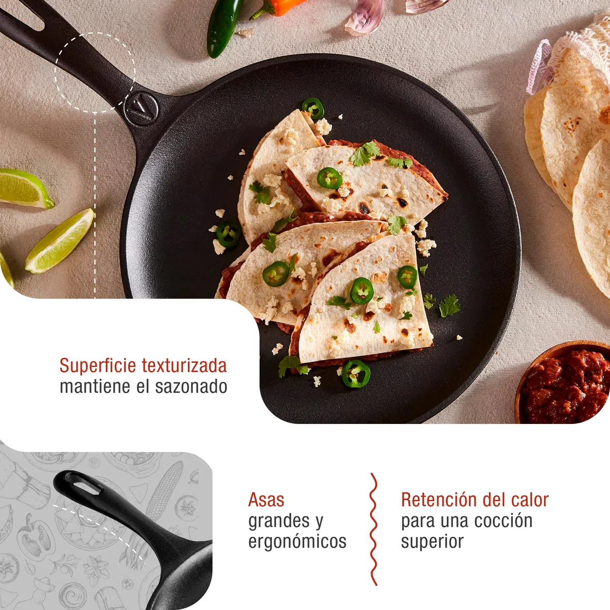 VICTORIA Plancha Cocina Inducción Comal Hierro Fundido Esmaltado para Pizza, Tortillas 26,6cm, Fuego, Barbacoa, Horno, Vitrocerámica, Gas, Sartén Libre de Tóxicos sin PTFE
