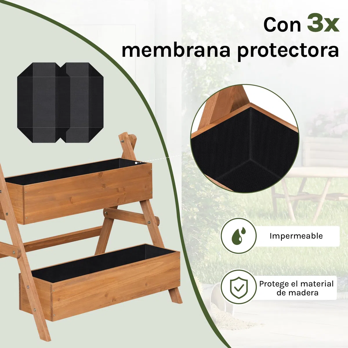 WOLTU Huerto Urbano Vertical de 2 Niveles, Jardineras Exteriores, Huerto Elevado con Estanterías para Verduras, Frutas y Flores, Maceta Madera de Plantas en Escalera, 80x62x68 cm, Marrón