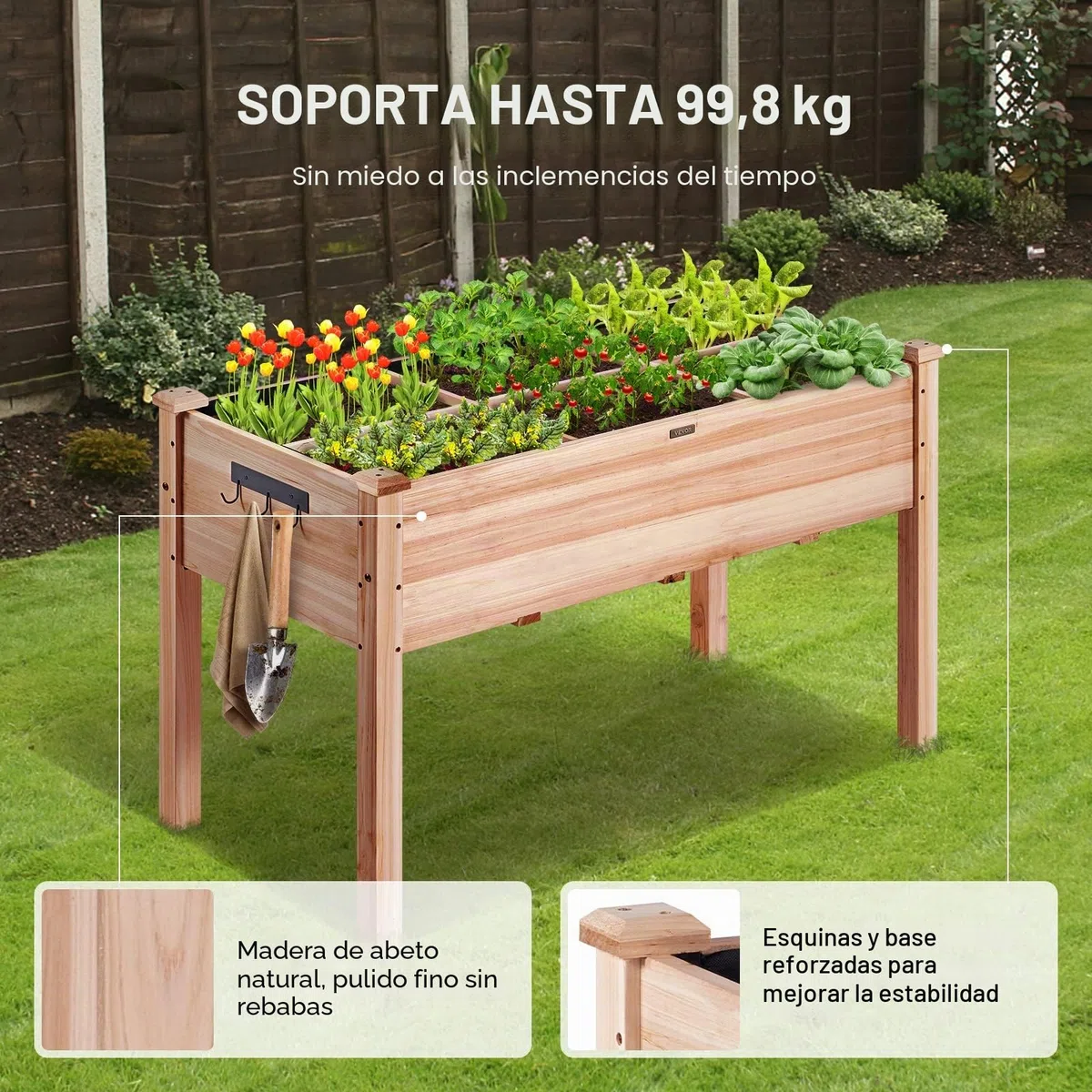 VEVOR Cama de jardín elevada, 4 x 2 x 2 pies, caja de madera elevada para plantar al aire libre con patas, para cultivar flores/verduras/hierbas en patio, jardín, patio, balcón, burlywood