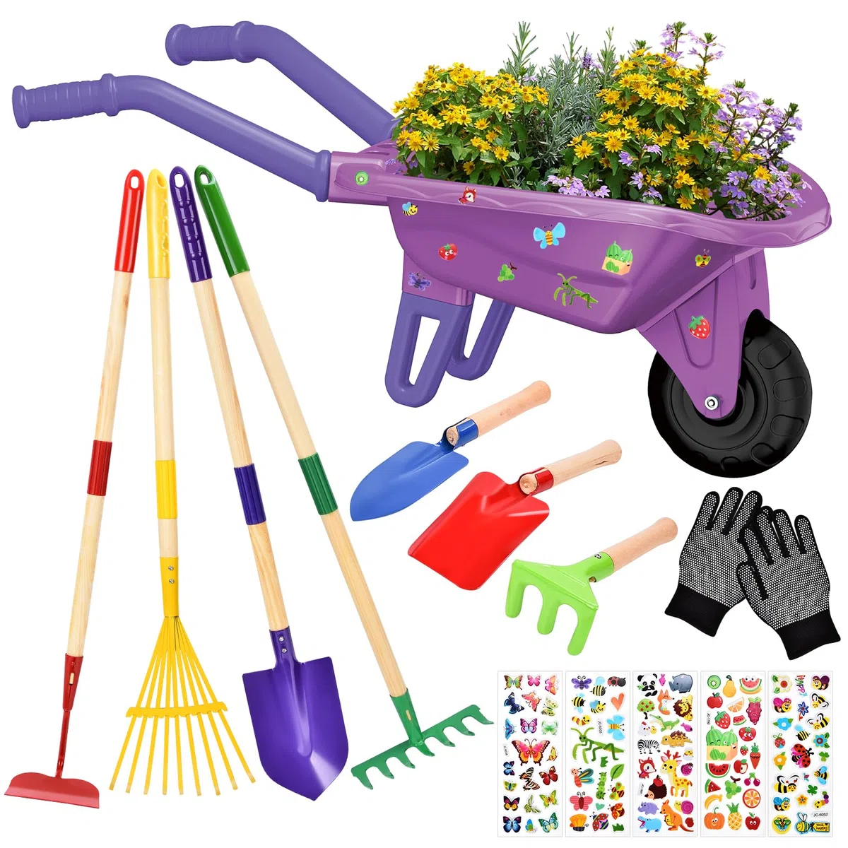 JONRRYIN Set de Jardinería con Carretilla, Herramientas y Guantes para Niños - Incluye Pala, Rastrillo y Accesorios, Carretilla de Jardín, Juego de Exterior para Pequeños Jardinería (Morado)