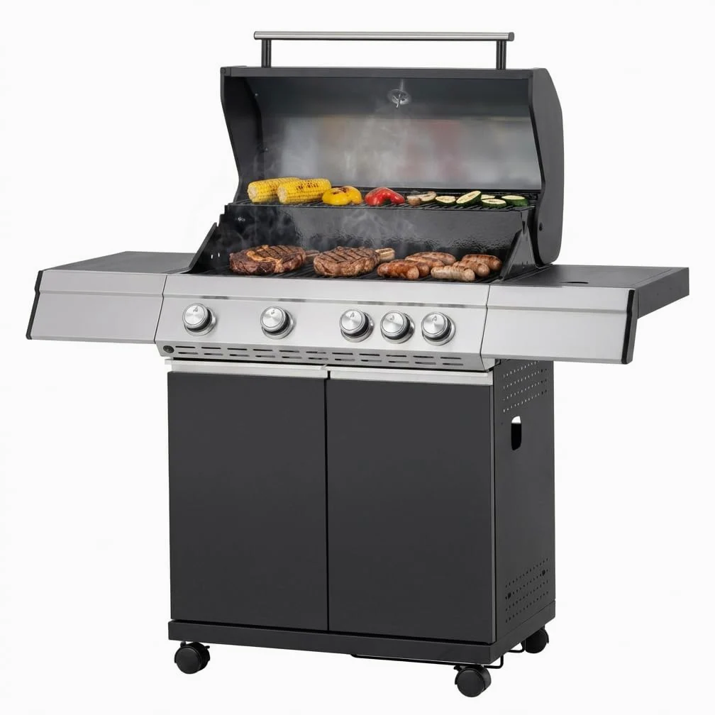 Tarrington House Barbacoa de gas Paxton de 4 + 1 Quemadores, Acero/Acero Inoxidable, Tapa con Termómetro, Mesa Auxiliar, Ruedas, Negro