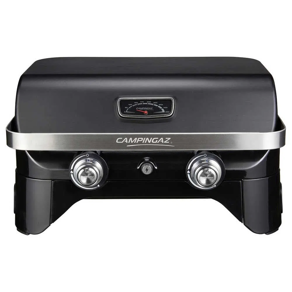 CAMPINGAZ Attitude 2100 LX Barbacoa de gas, barbacoa de mesa portátil con 2 quemadores de acero, 5 kW de potencia, para camping con tapa, termómetro y parrilla de hierro fundido, 2000038741