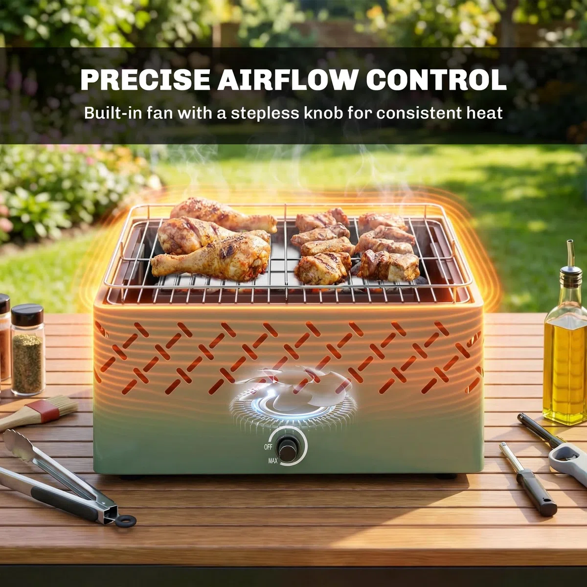 Outsunny Barbacoa de Carbón, Barbacoa Portátil, 45,5x29x21 cm, con Ventilador Integrado, Temperatura Ajustable y Bandeja de Carbón, para Camping, Picnic, Fiesta en Jardín, Verde Claro
