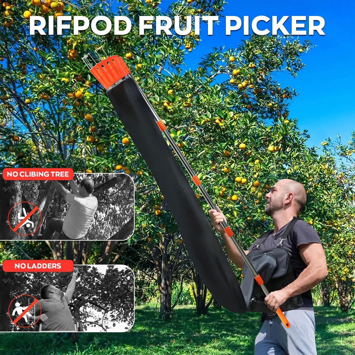 BOUDECH Pamatik – Recolector de frutas con embudo con mango telescópico de 4 m con soporte y bolsa de tela para recoger manzanas, naranjas, peras naranja y negro