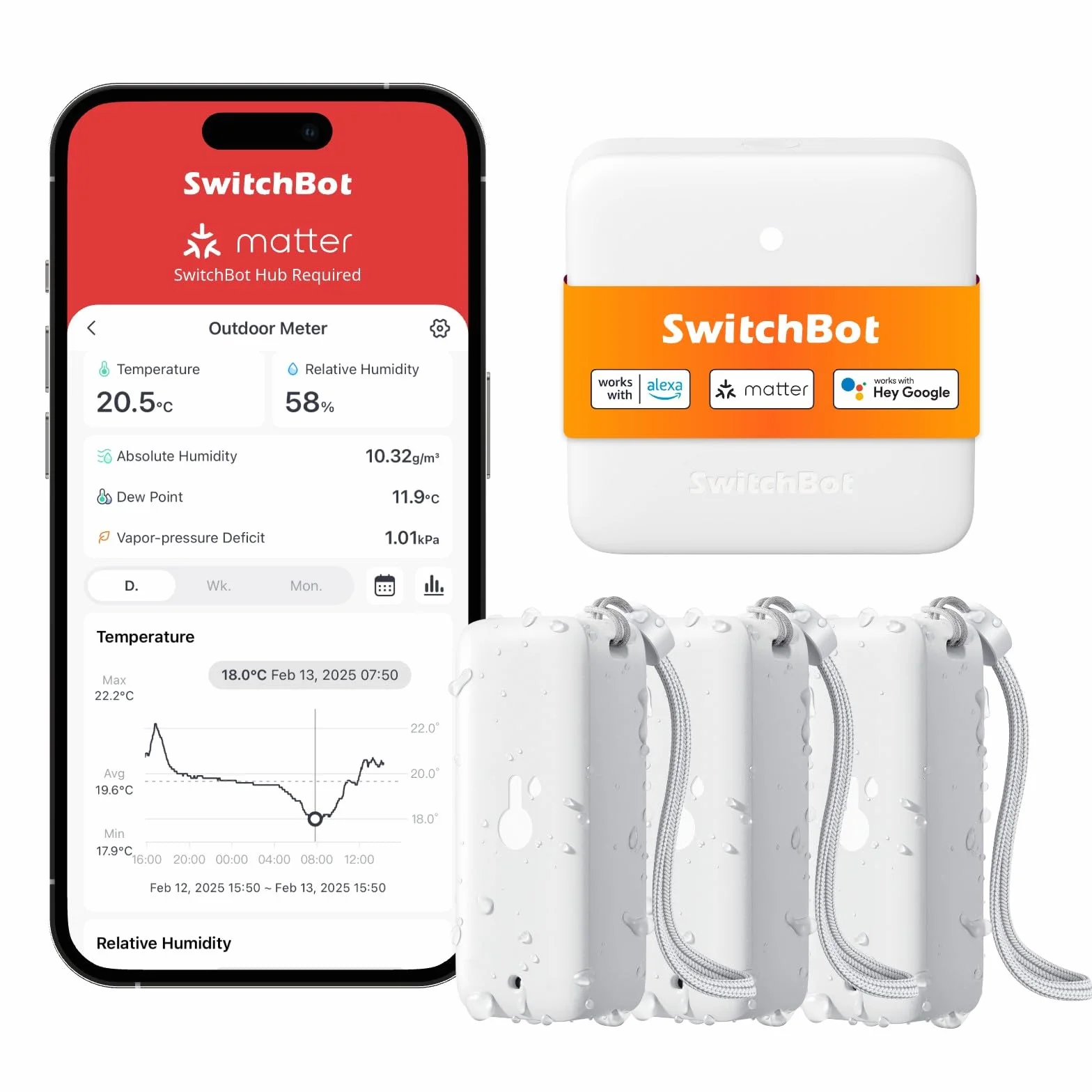 SwitchBot Termómetro Higrómetro WiFi 3-Pack c/Hub Mini Matter, IP65 Impermeable, Sensor Temp./Humedad Interior Exterior, Notificaciones App, Almacenamiento Datos Gratis, compatible Alexa