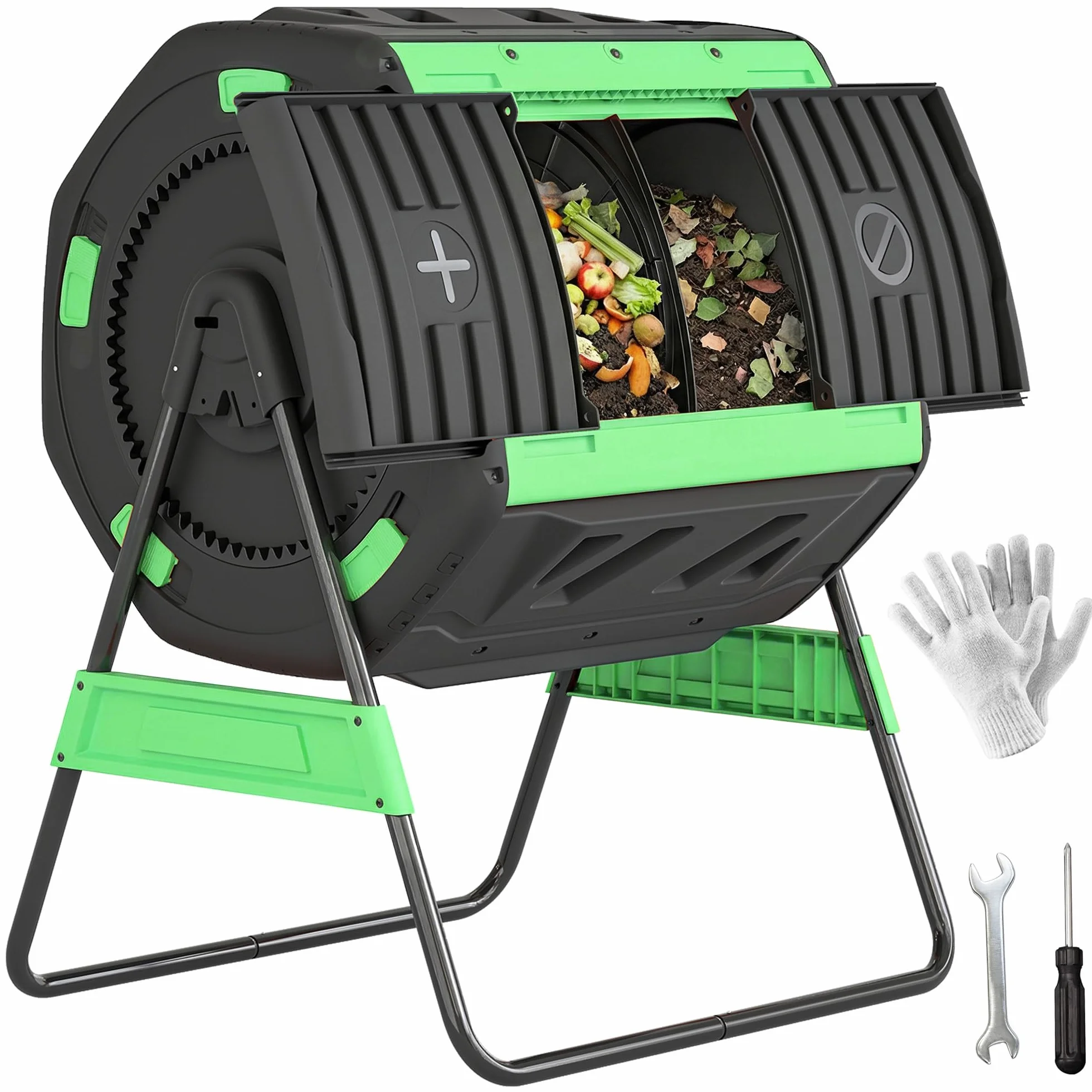 Outsunny Compostador Giratorio de 200L, Contenedor de Compostaje de Jardín de Doble Cámara, Sin BPA, Compostadora con Aberturas de Ventilación, 2 Puertas Deslizantes y Patas de Metal, Verde