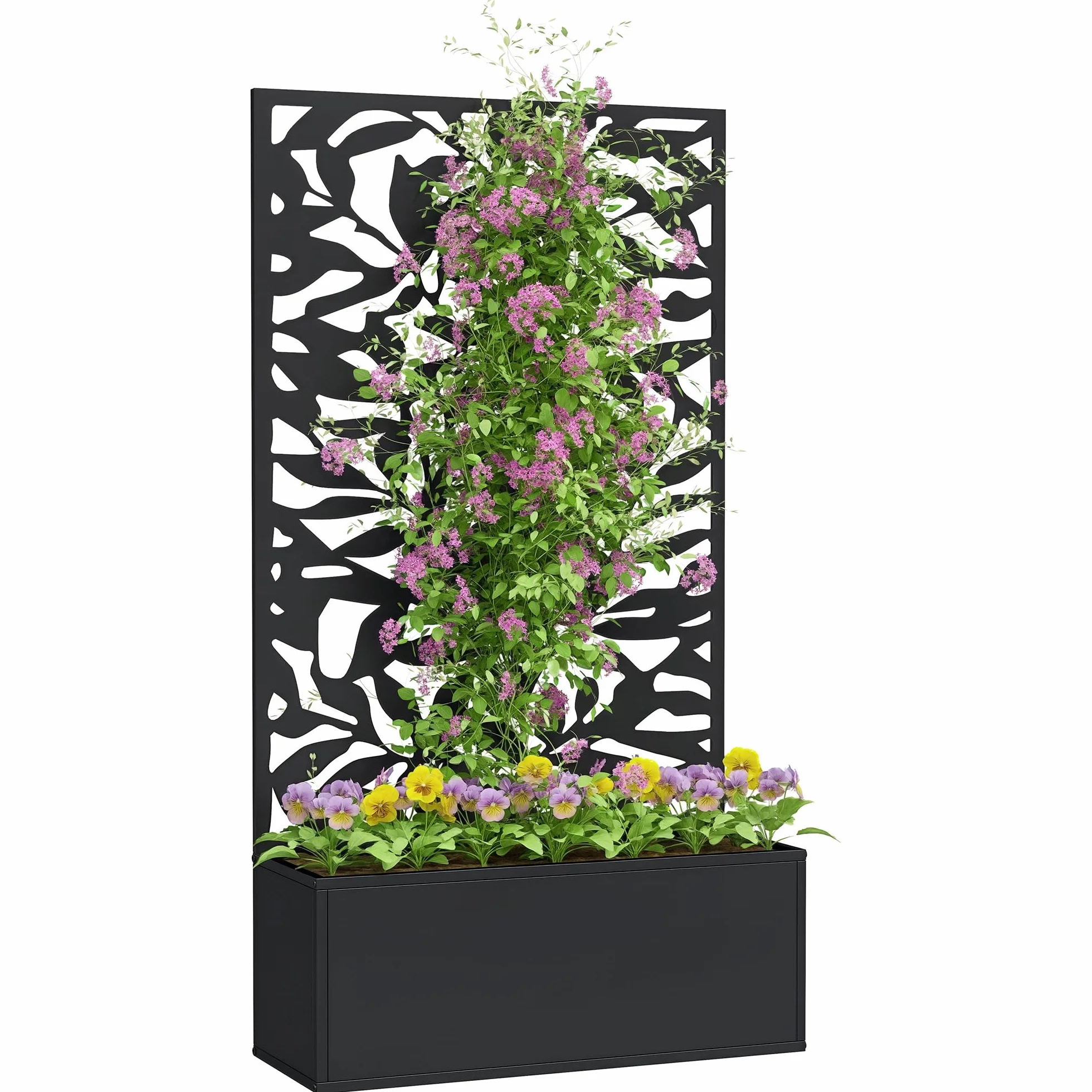 Outsunny Jardinera Exterior Grande de Metal Jardinera con Pantalla de Privacidad de Hojas Sólidas Decorativas Jardinera de Pared o Independiente para Patio Terraza 61x23x113 cm Negro