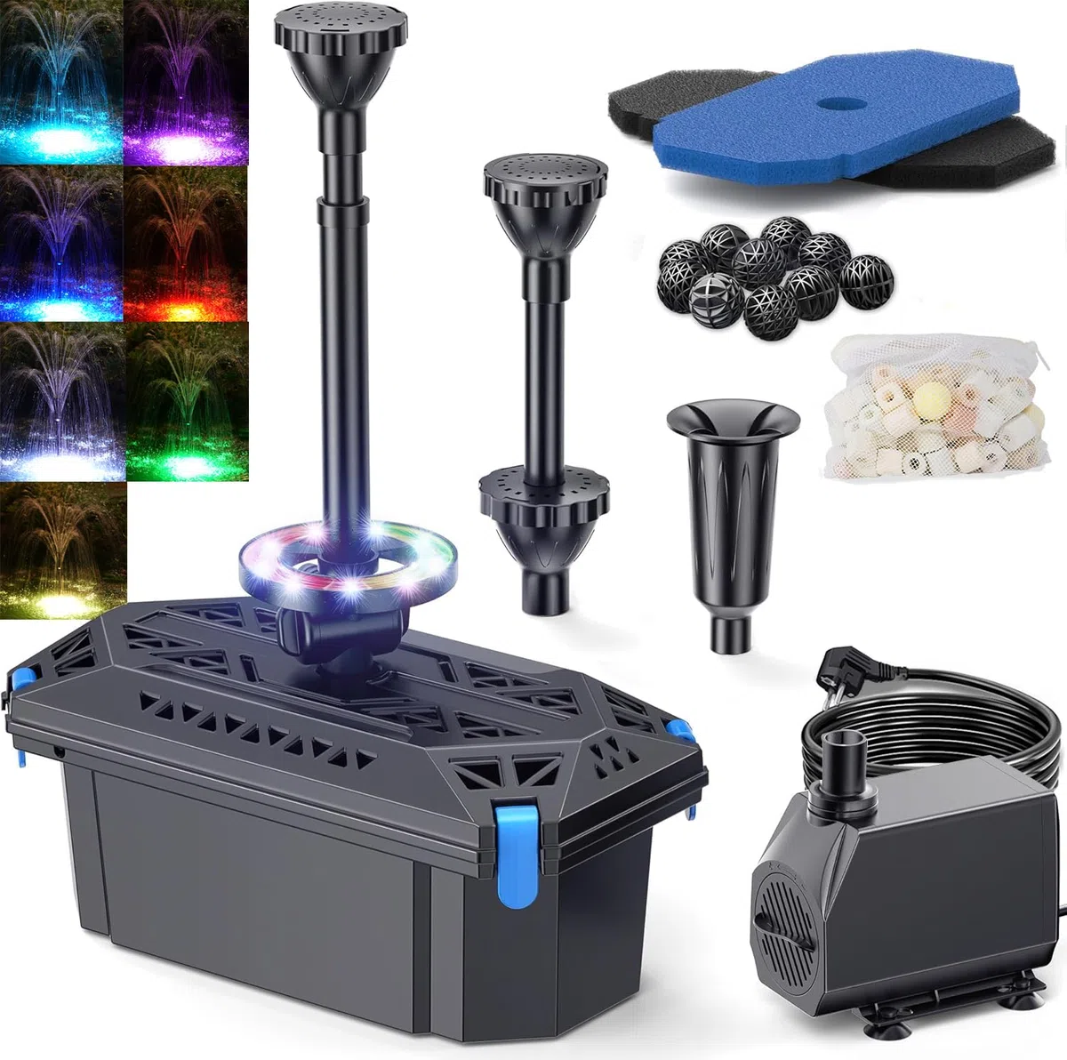 Biling Juego completo de filtros de estanque con bomba de 2500 l/h, 40 W, luz LED RGB, bomba de estanque con filtro para jardines y hermosos juegos de agua