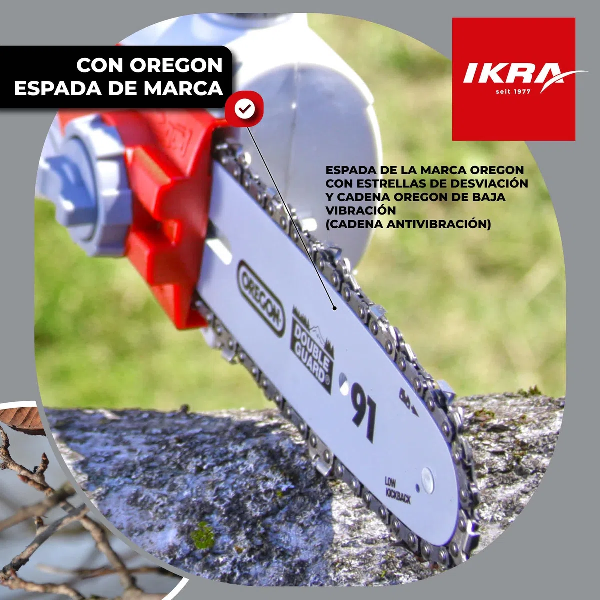 IKRA podadora de altura sierra telescópica eléctrica IEAS 750, alcance 4m, incl. correa de hombro, lima & escudo protector