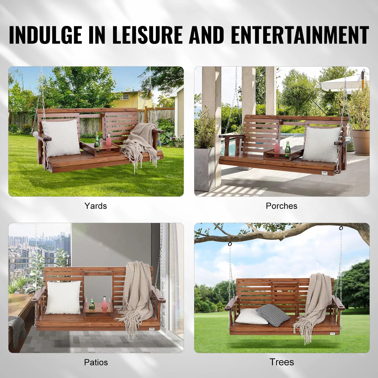 VEVOR Columpio de Madera para Porche 152x71x60cm, Columpio de Banco para Patio y Jardín, Capacidad de Carga Fuerte Mejorada de 880 Libras, Banco de Silla con Cadenas Colgantes para Exteriores, Marrón