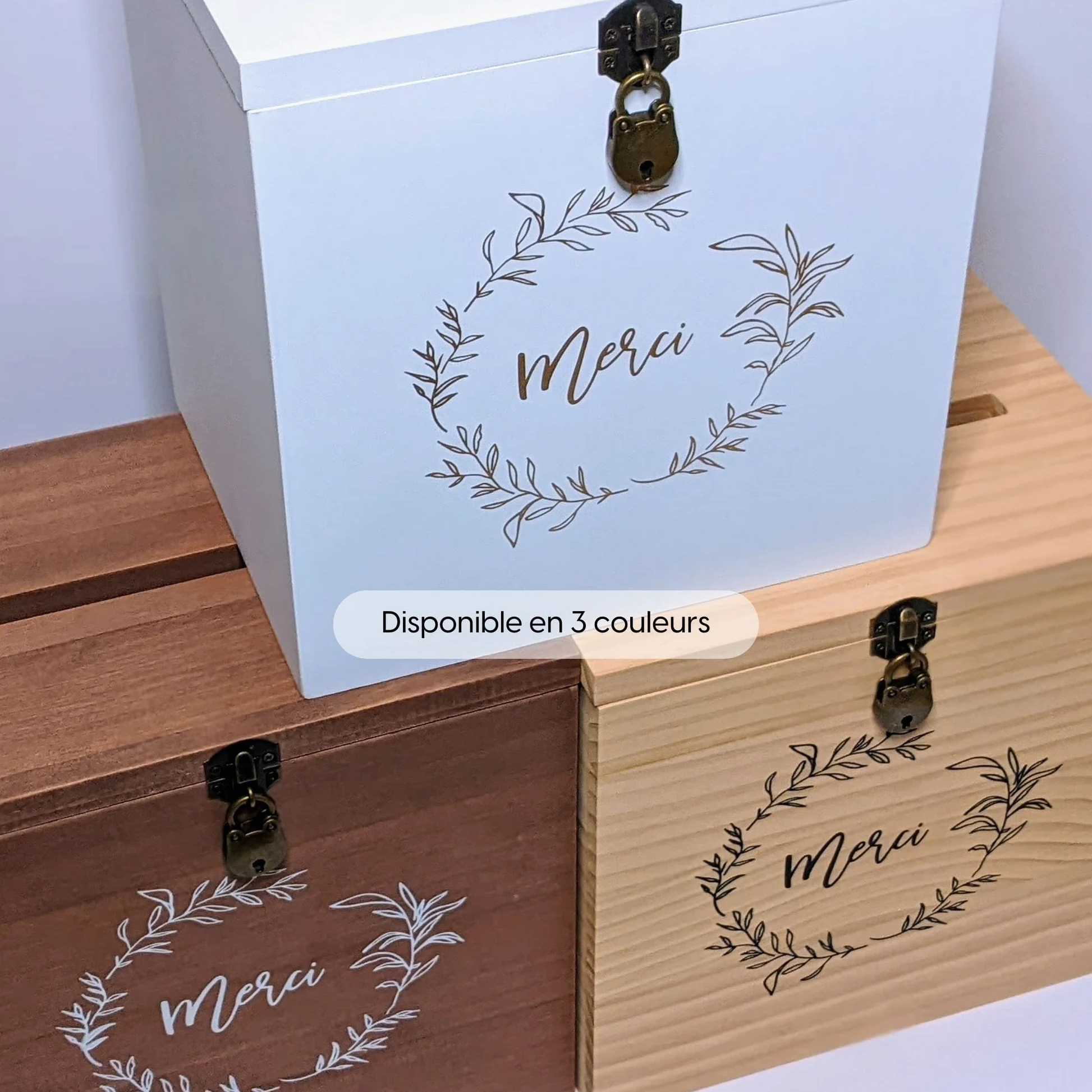 Gran urna de madera blanca gracias con candado | 25 x 25 x 20 cm | Urna boda, PACS, cumpleaños, Baby-Shower, Bapteme, comunión, retiro (...) - Regalos invitados boda