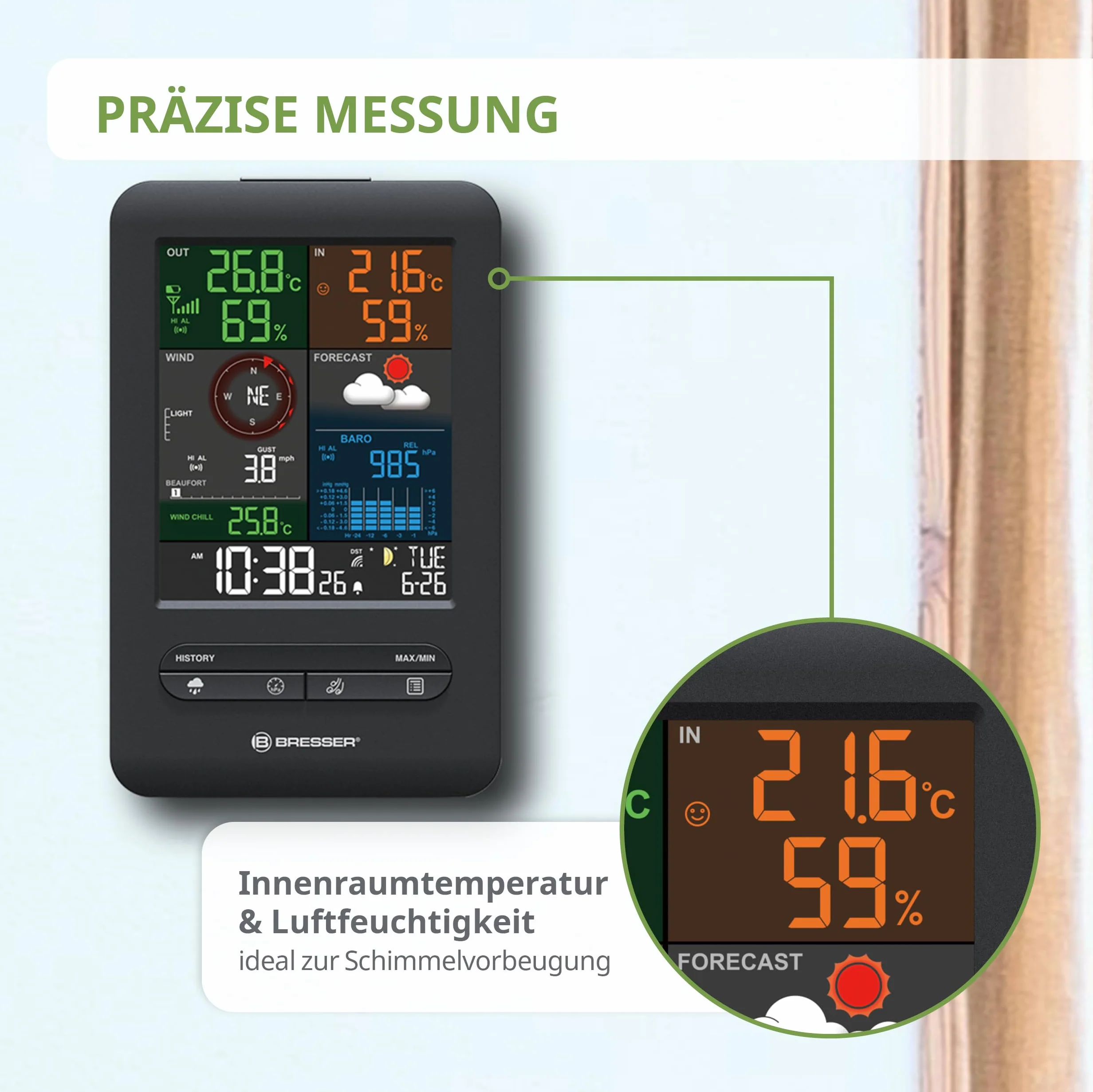 Bresser Beaufort Estación meteorológica Wireless con sensor exterior, 5 en 1: temperatura, humedad, viento, presión atmosférica y precipitaciones
