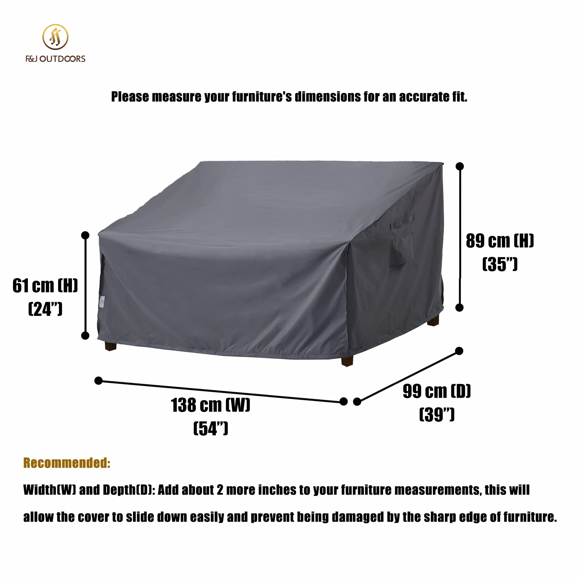 F&J Outdoors Fundas para sofá biplaza de jardín, impermeables, resistentes a los rayos UV, tela ecológica, para exteriores, 138 x 99 x 61/89 cm, gris