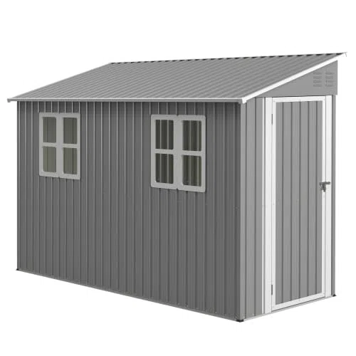 Cobertizo de metal de 4 x 10 pies con kit de suelo, cobertizo de jardín resistente con techo reprimido, puerta doble (se puede montar a la izquierda/derecha), 2 ventanas y ventilación, cobertizo