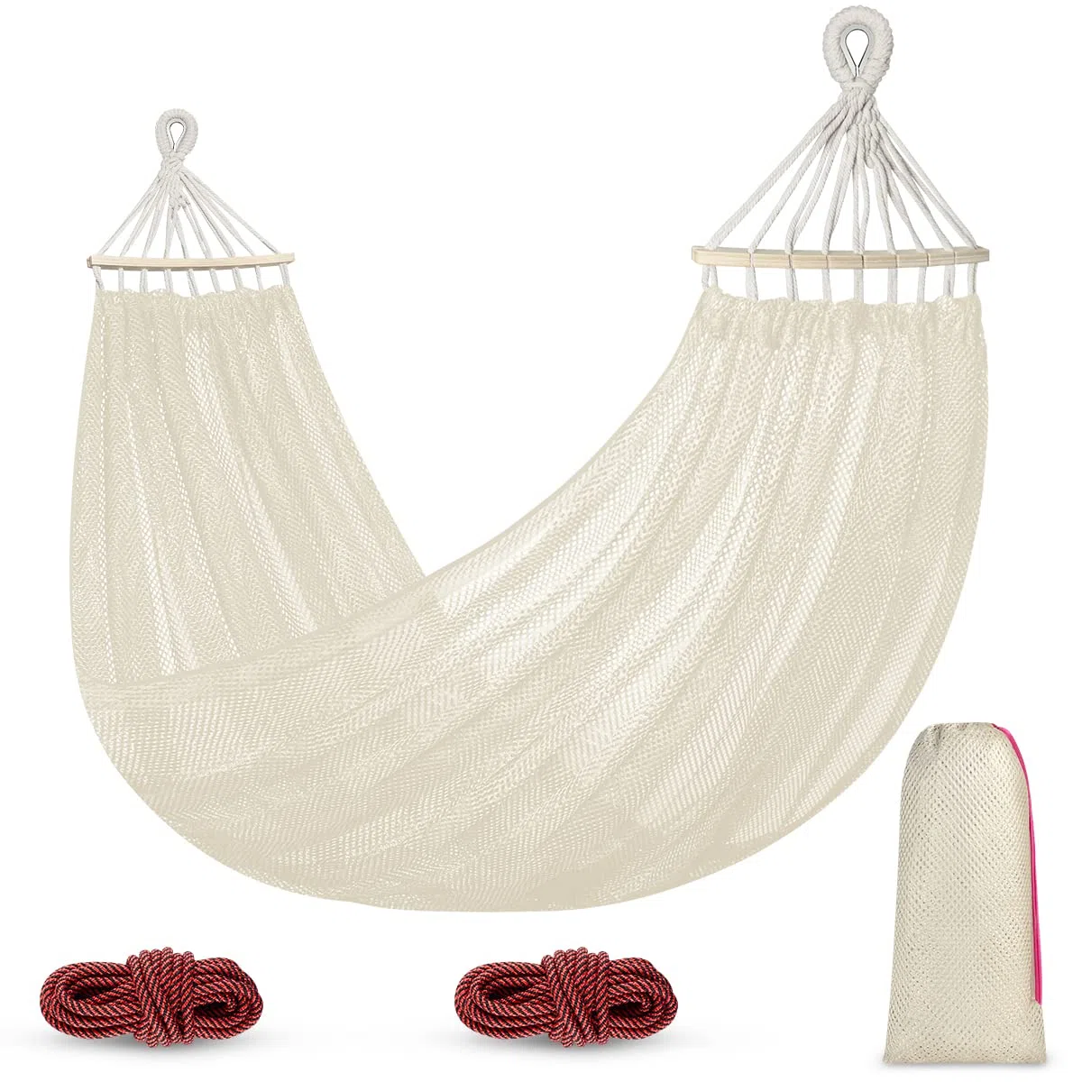 Hamaca Colgante de Red, Hamaca Jardin Exterior Hamaca Camping con Travesaños de Madera, 290 x 150 cm, Capacidad de Carga de 250 kg, Blanco