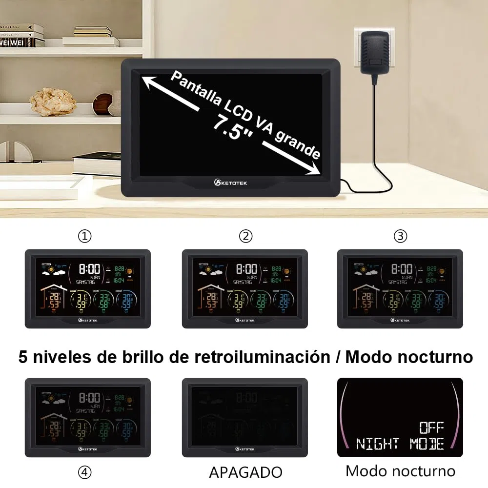 Estación Meteorológica Radio Inalámbrica KETOTEK con 3 Sensores de Exterior Termómetro Digital LCD de Interior Higrómetro Barómetro con DCF,Reloj Alarma,Previsión Meteorológica,Fase Lunar