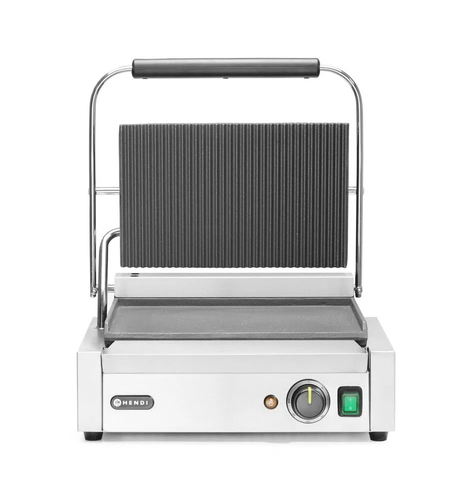 HENDI Parrilla Eléctrica de Contacto, Grill/Plancha Panini y Sandwichera Profesional, Placas Acanaladas y Lisas de Hierro Fundido Esmaltado, 230V, 2200W, 430x375x(H)216mm, Acero Inoxidable